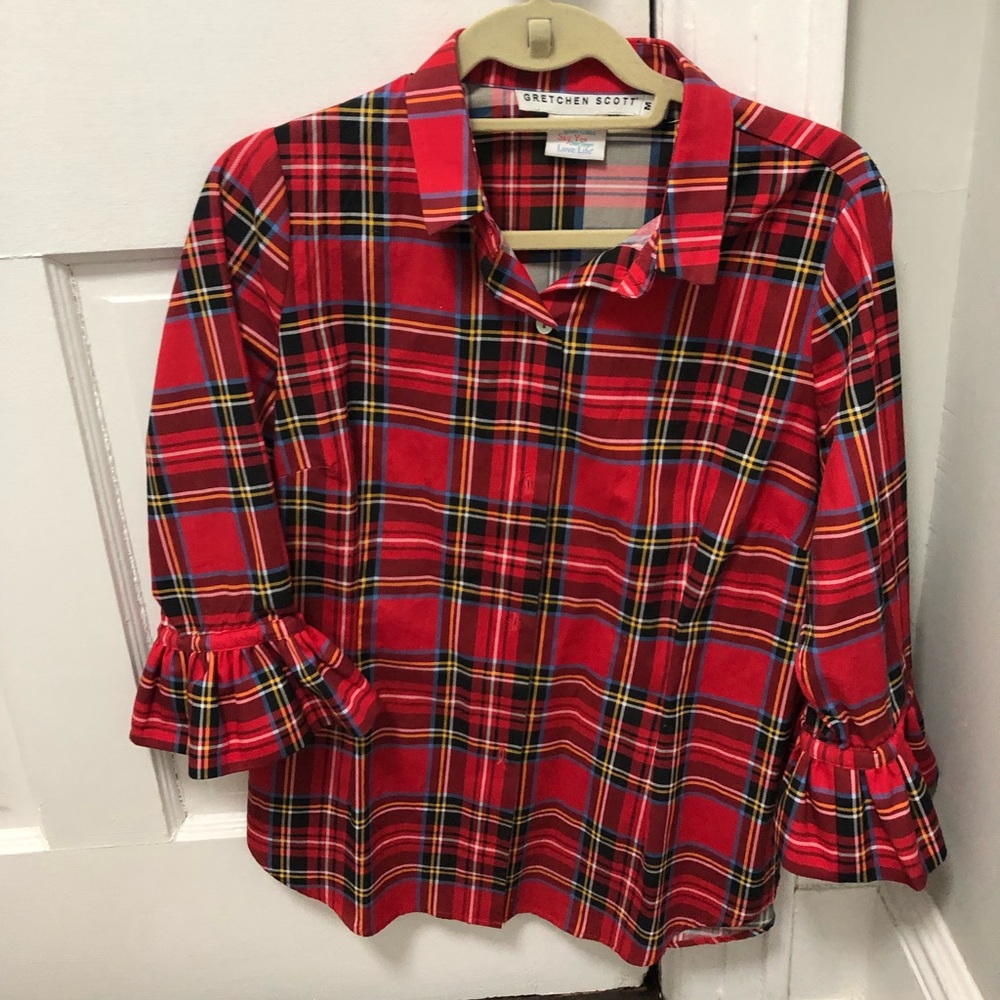 Gretchen Scott - Red Tartain Shirt - Quarter Sleeve